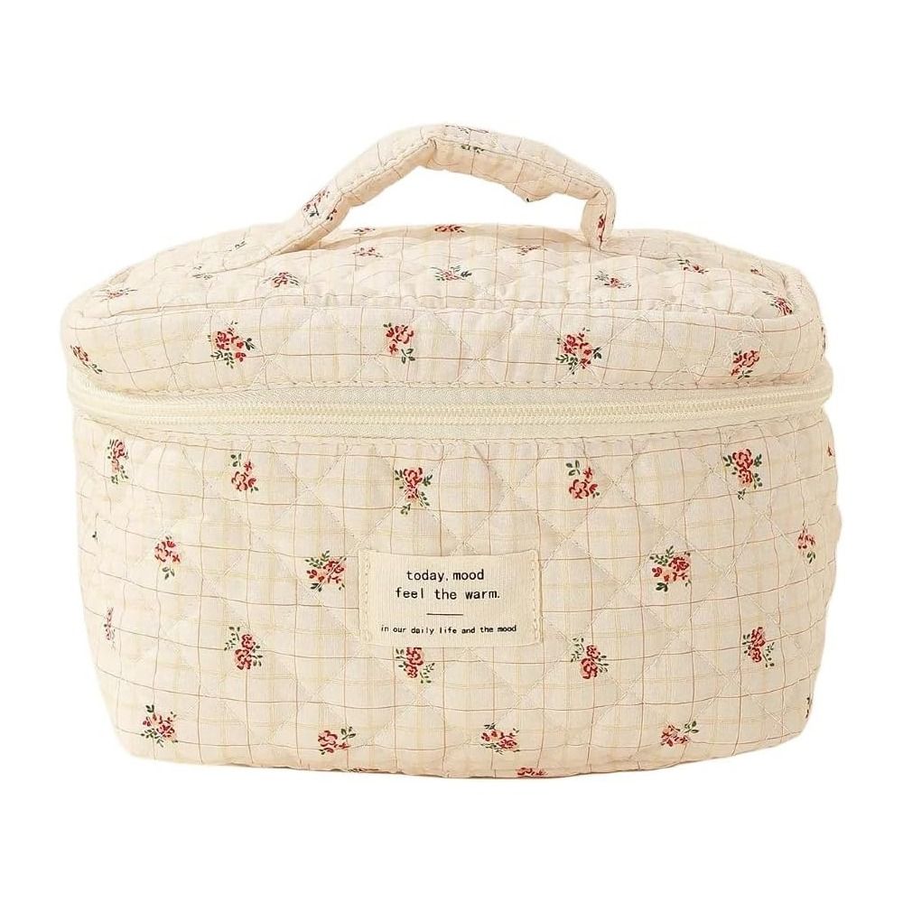 Portable Floral Graphic Cotton Quilted Makeup Bag Large Striped Polka Dots Travel Makeup Bag Graffiti Cute Organizer Women Girls