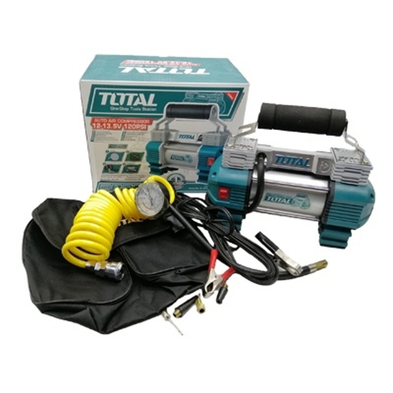 Total 18A Auto Air Compressor TTAC2506 Double cylinder Heavy Duty Air Compressor With light Power supply:12V,Rated Current:18A Max Pressure:120PSI,