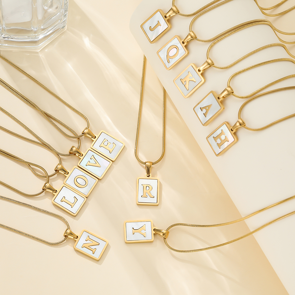 St.kunkka 1pcs 51cm Snake Chain Stainless Steel English Letter Square Pendant Necklace A-Z For Gift