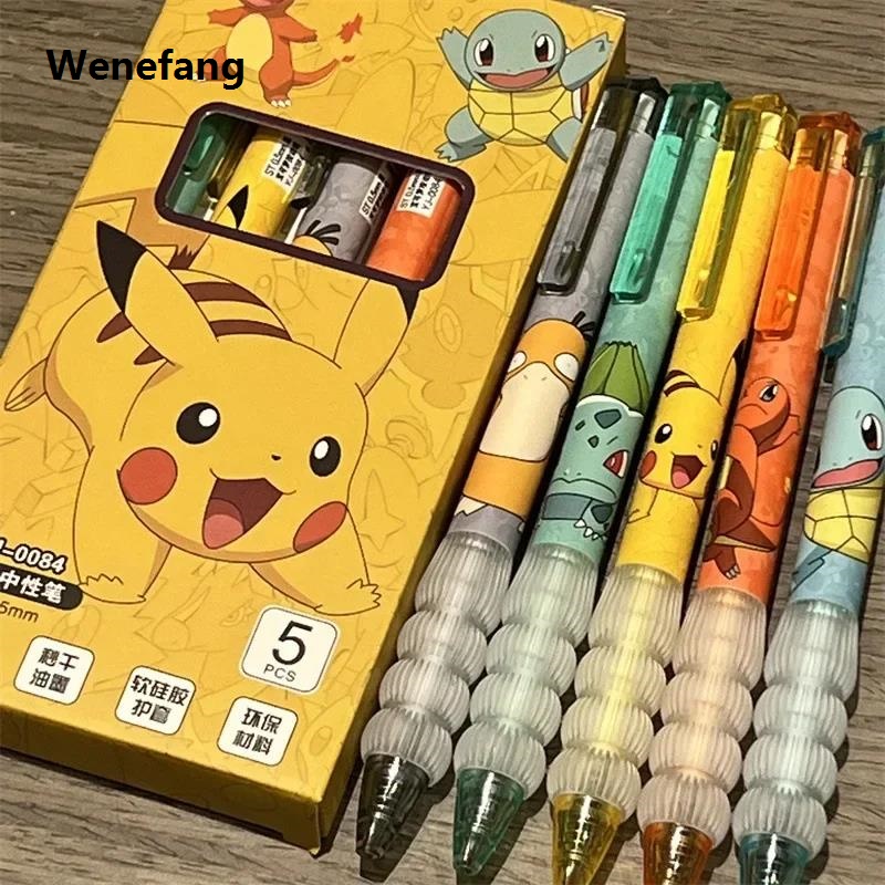 Wenefang 5pcs Pokemon Pikachu Gel Pen Cute Anime Cartoon Charmander Squirtle Hot Selling Press on Gel Pen Stationery School Supplies Holiday Gifts