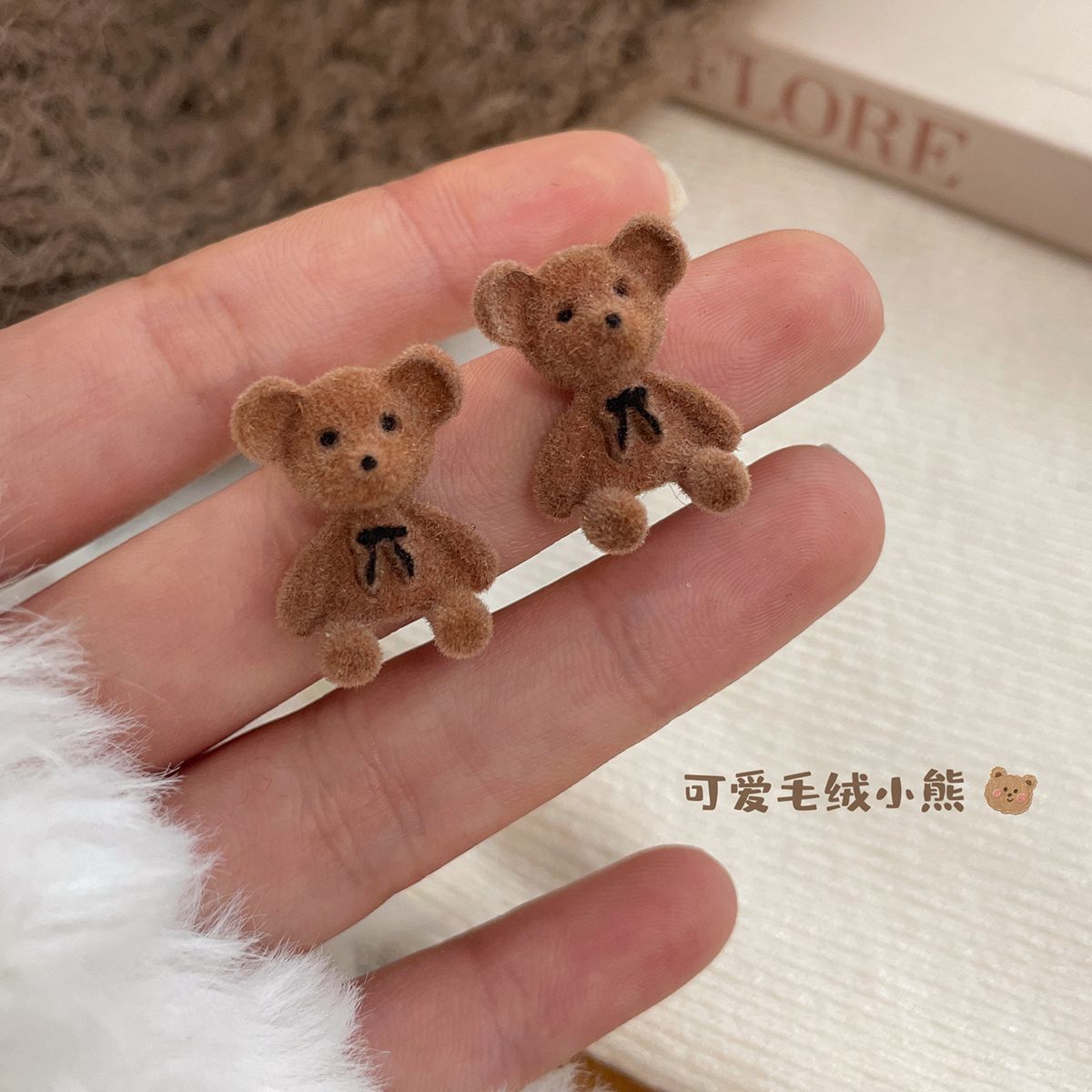 【New arrivals】Autumn and Winter brown Flocking Bow Bear Women's Silver Needle Japanese and Niche Design Sweet Cartoon Cute