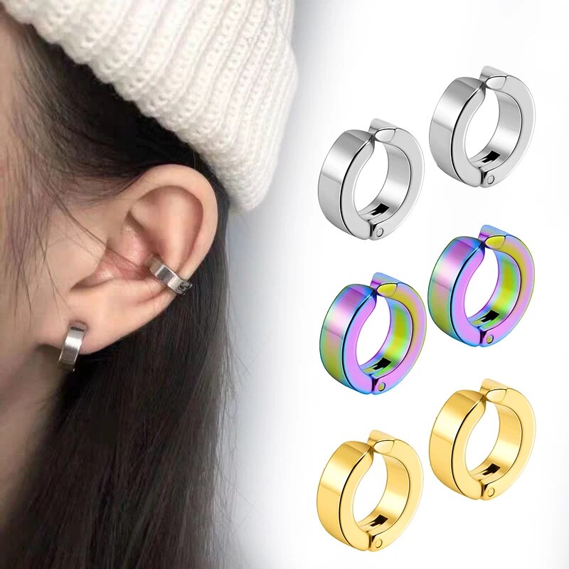 HOT 1/5 Pairs Classic Korean Punk Stainless Steel Ear Clip Earrings for Men Women Black No Pierced Ear Circle New Pop Jewelry