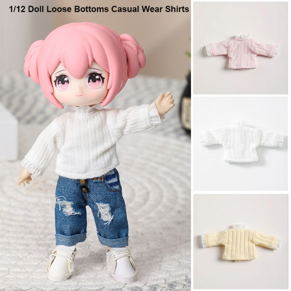 High Quality Loose 1/12 Doll Bottoms Casual Wear Solid Color Long Sleeved Elastic Shirts Cute Fashion Doll Outfit Clothes for 1/11 OB11 Doll Doll Tops Accessories