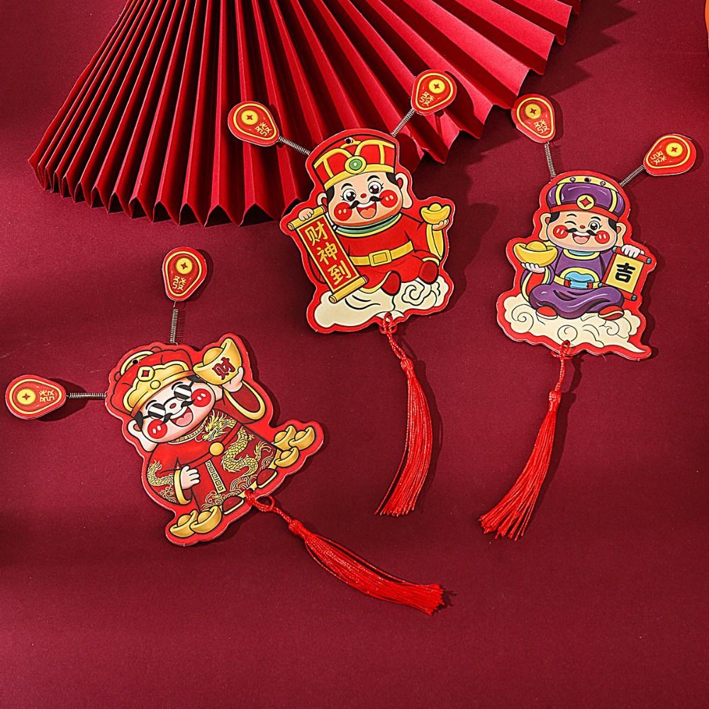 4Pcs Festive Ornament Cartoon God of Wealth Fridge Magnets Chinese Style Creative Shaking Head God Pendant with Tassels Portable Refrigerator Decorative Magnet Spring Festival