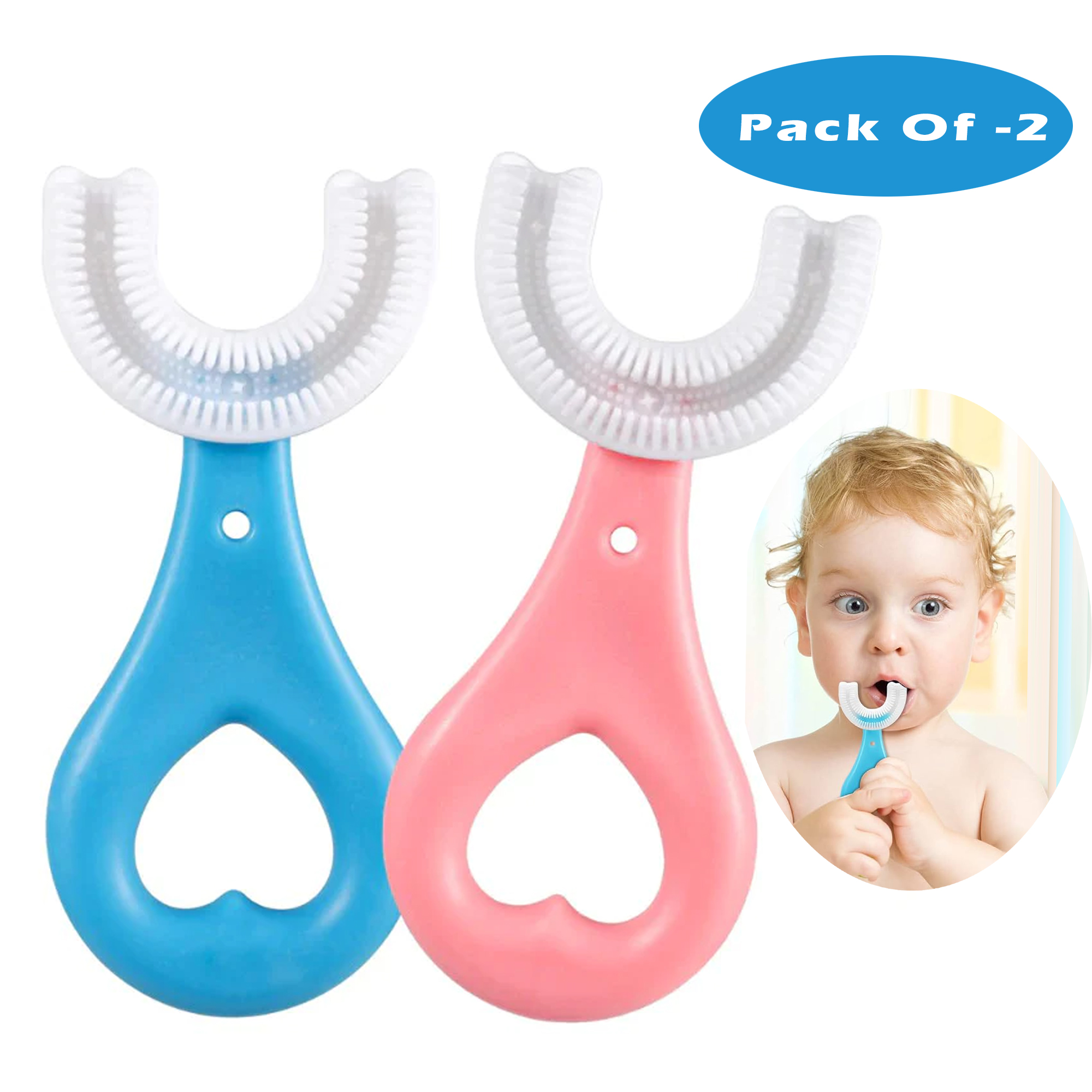 Mumlove 2-Pack Kids U-Shaped Toothbrush - Soft Silicone Brush Head, Whitening Massage, 360° Cleaning