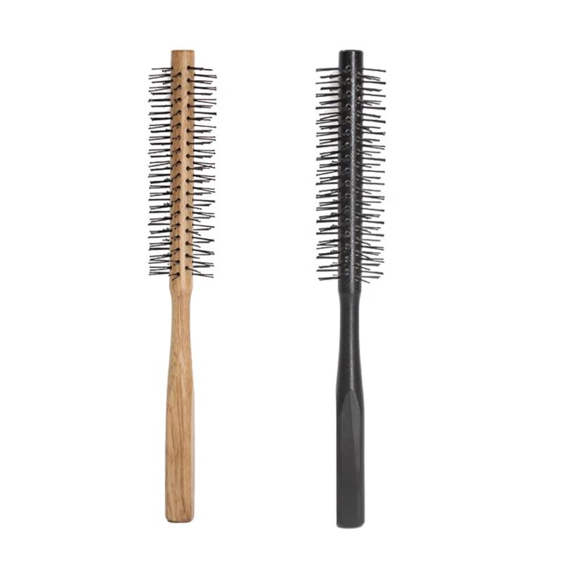 Wenefang Fashion Mini Round Nylon Hairbrush Curly Hair Styling Comb Rolling Comb Round Brush for Thin or Short Hair Men with Wooden Handle