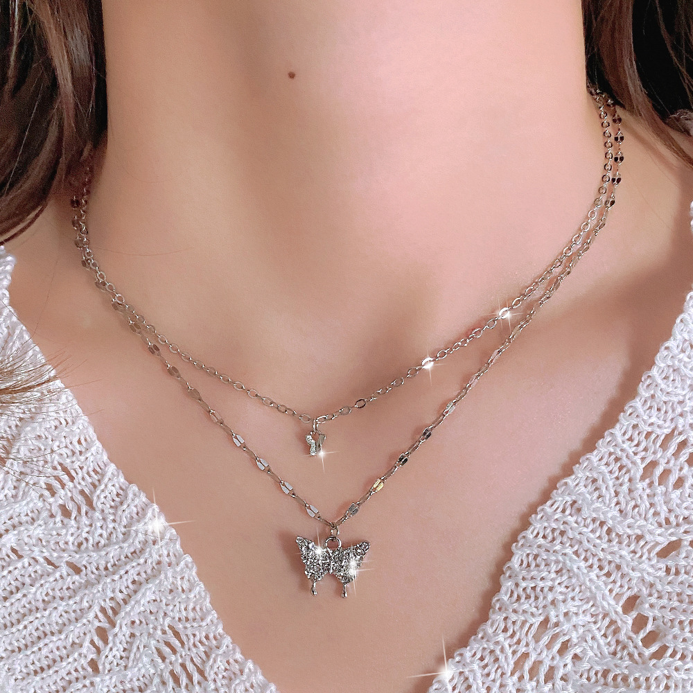 【New Arrivals】Flash Diamond Alloy Butterfly Double-Layer Necklace Women's Ins No Falling Light Luxury Personalized Pendant for Girlfriends Birthday Gift Lock