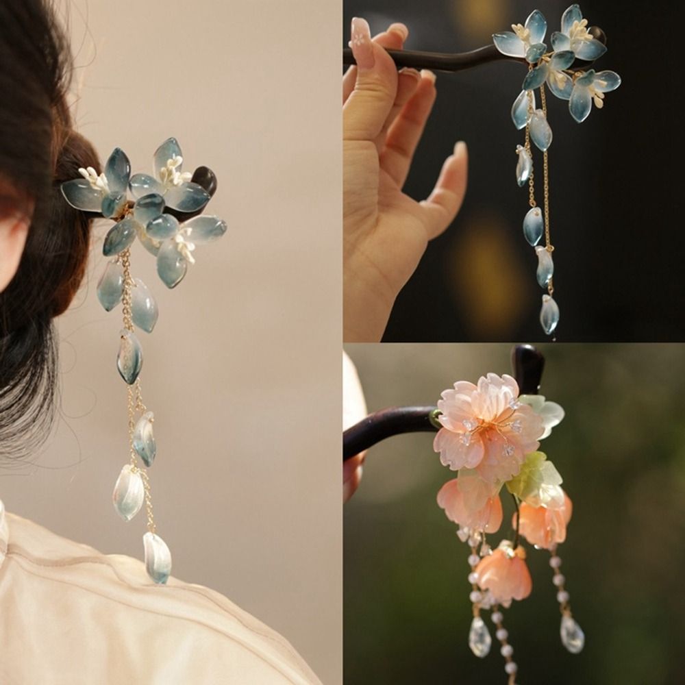 Antique Flower Wooden Hair Stick Chinese Style Tassel Hanfu Hairpin Hanfu Headwear Hair Chopstick for Women