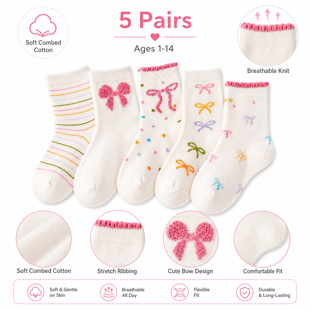 5 Pair Set New Ruffle Bowknot Baby Socks Print Pattern Soft Elastic Mid Tube Socks Breathable Cotton Girls Ankle Socks School