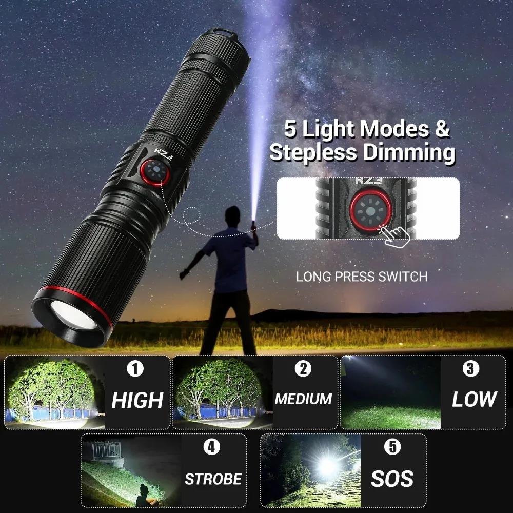 New White Laser Powerful LED Flashlight 18650 or 21700 Battery Telescopic Zoom Outdoor Fishing Camping Lantern Torch