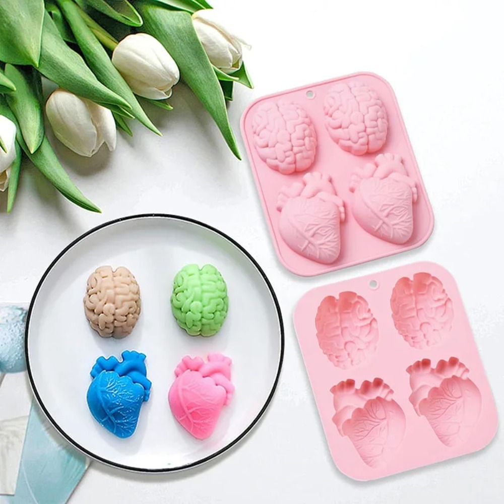 Easy To Clean 4 Cavity Halloween Heart Brain Baking Mold Heat-resistant Silicone Organ Shape Baking Mold DIY 3D Ice Cube Tray Pudding