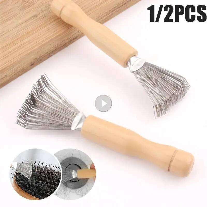 1pc Hair Cleaner Mini Dirt Remover Home Travel Salon Rake with Metal Wire Portable Comb Brush Wooden Handle Cleaning Tools