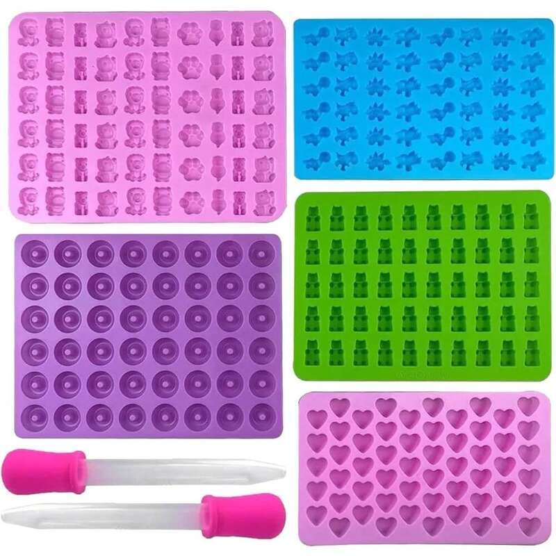 7 Pcs Silicone Moulds Gummy Molds Jelly Trays Set Reusable Candy Baking Mold with 2 Dropper