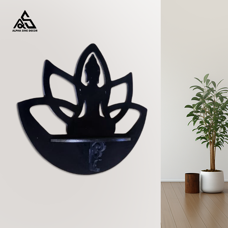 Buddha Statue with Lotus Wooden Wall Shelf