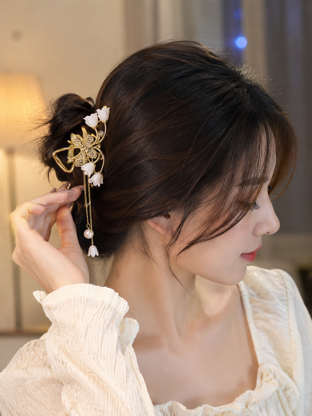 Lily of the Valley Butterfly Hair Claw Clip for Women - Rhinestone Pearl Tassel Half Ponytail Hair Clip | Korean Luxury Hair Accessory