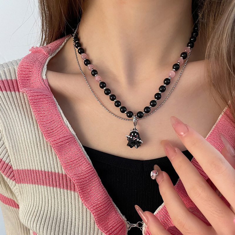 【New arrival】Black Pink Beads Stitching Ghost Necklace Women's Light Luxury Niche Ins Hip Hop Double Layer Pendant Y2K Hot Girl Sweet Cool Clavicle Chain