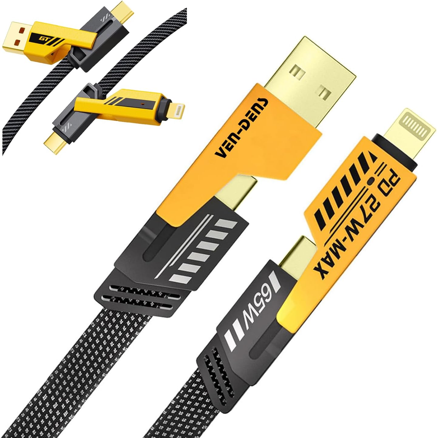True Desire Multi USB Charger Cable 4-in-1 USB C Cable 65W [Fast Charging & Data Sync] Flat Braided Anti-Tangle Lighting & Type C Charger Cord with Velcro, Multi Charging Cable Combo Type C/USB A
