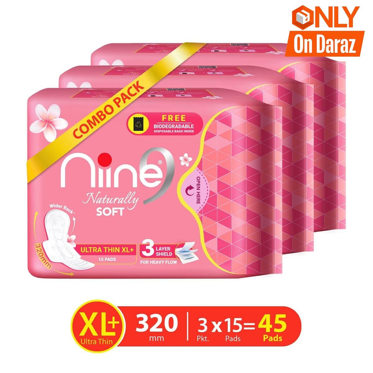 Niine Naturally Soft Ultra Thin XL+ Sanitary Napkins for Heavy Flow (Pack of 3) 45 Pads