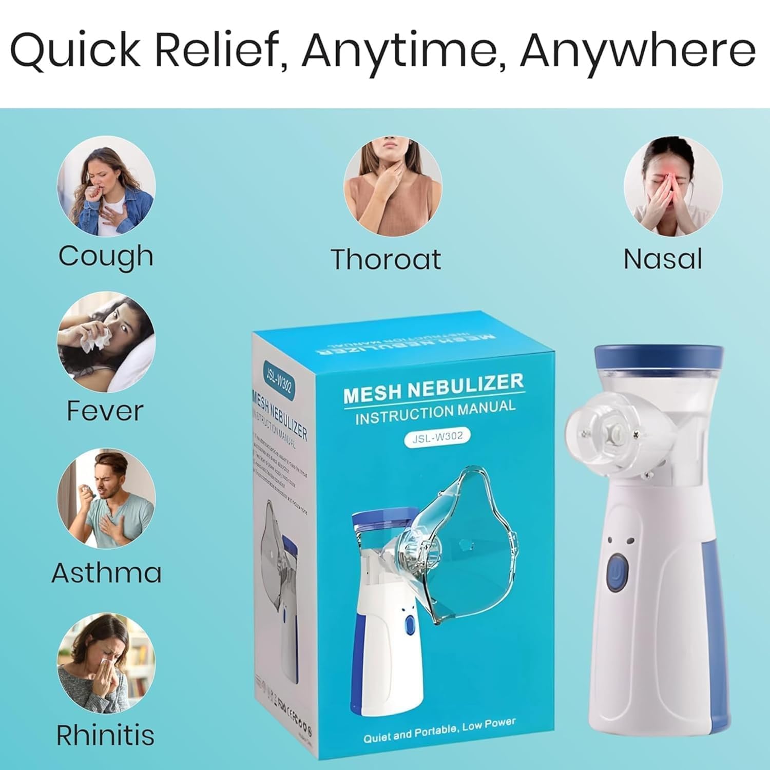 The Portable Mesh Nebulizer Machine for Adults & Kids - JSL-W302 Silent Ultrasonic Inhaler with Masks, USB Rechargeable - for Asthma, Cough & Breathing Relief Travel and Household Use, Handheld Mesh nebulizer