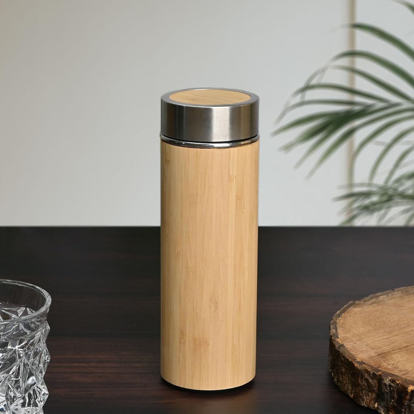 Eco-Friendly Bamboo Water Bottle , Stainless Steel Flask Water Bottle/Thermos with Tea Strainer | Double Wall Vacuum Insulated | Hot & Cold , 400ml / 500ml