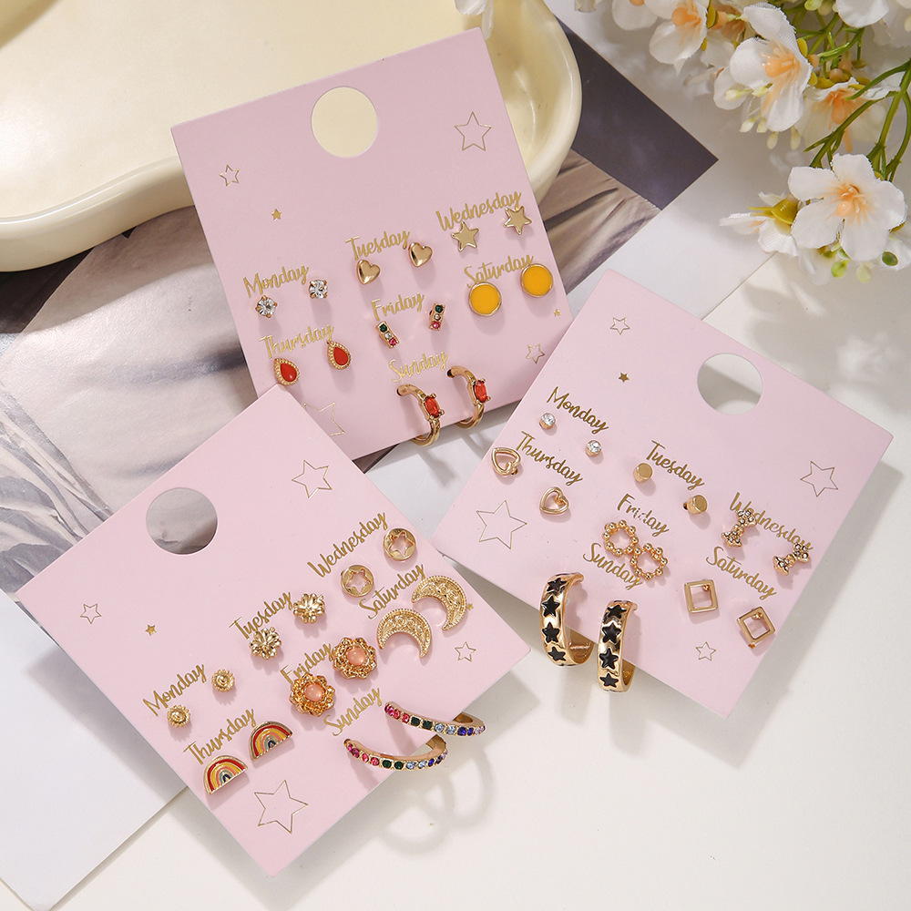 【New arrivals】One suit earrings women market stall 7 pairs of small simple earrings sweet all-match
