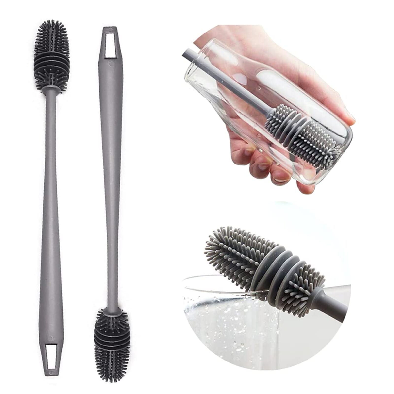 Grey Color Long Handle Silicone Bottle Cleaning Brush
