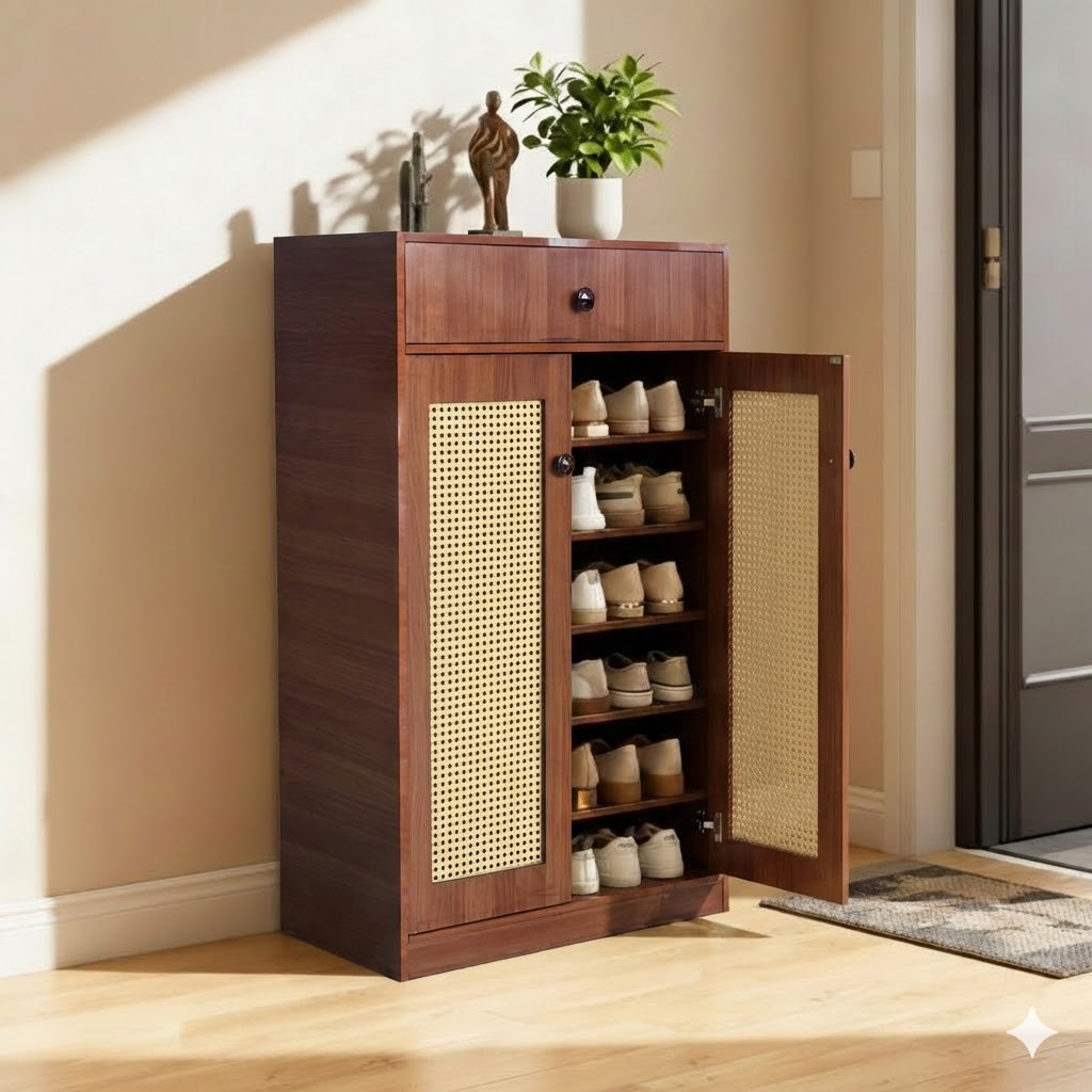 Rattan Shoe Rack Wooden Mesh Window Cabinet with Drawer Multistorage l Walnut Color l 3ft Height