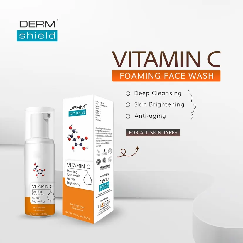 Dermshield Premium Vitamin C Brightening Foaming Face Wash 150ml - Deep Cleansing & Anti-aging for All Skin Types