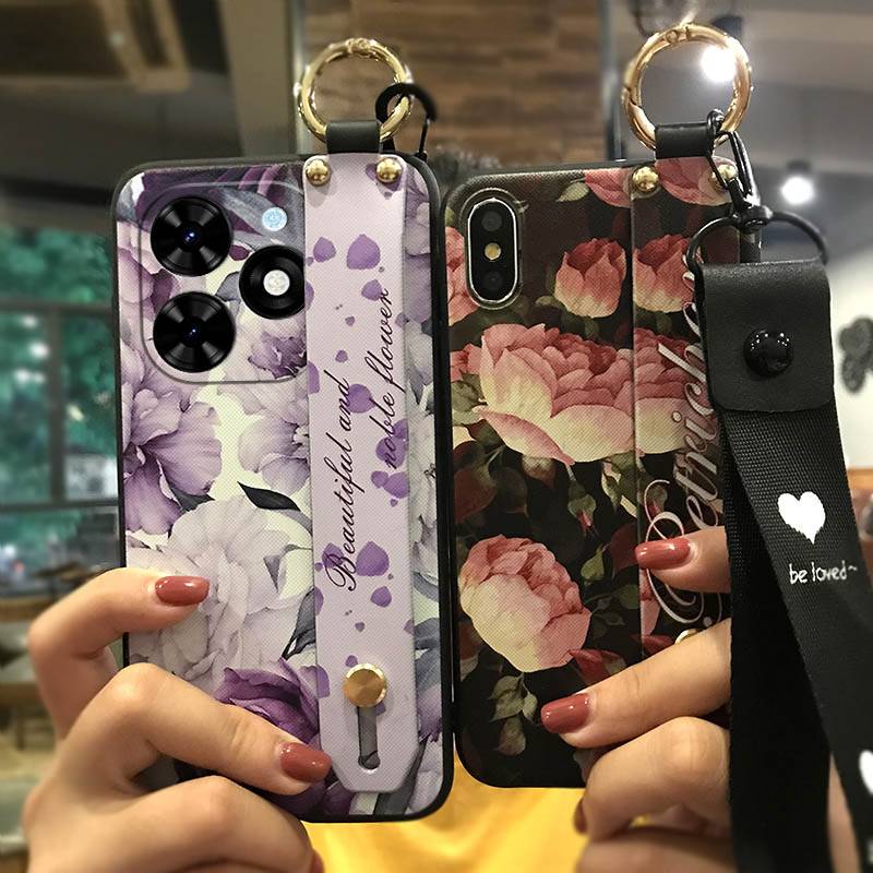 Kickstand Ring Phone Case For infinix Smart10 HD/X6525D Protective Wrist Strap Dirt-resistant Durable Shockproof Flower