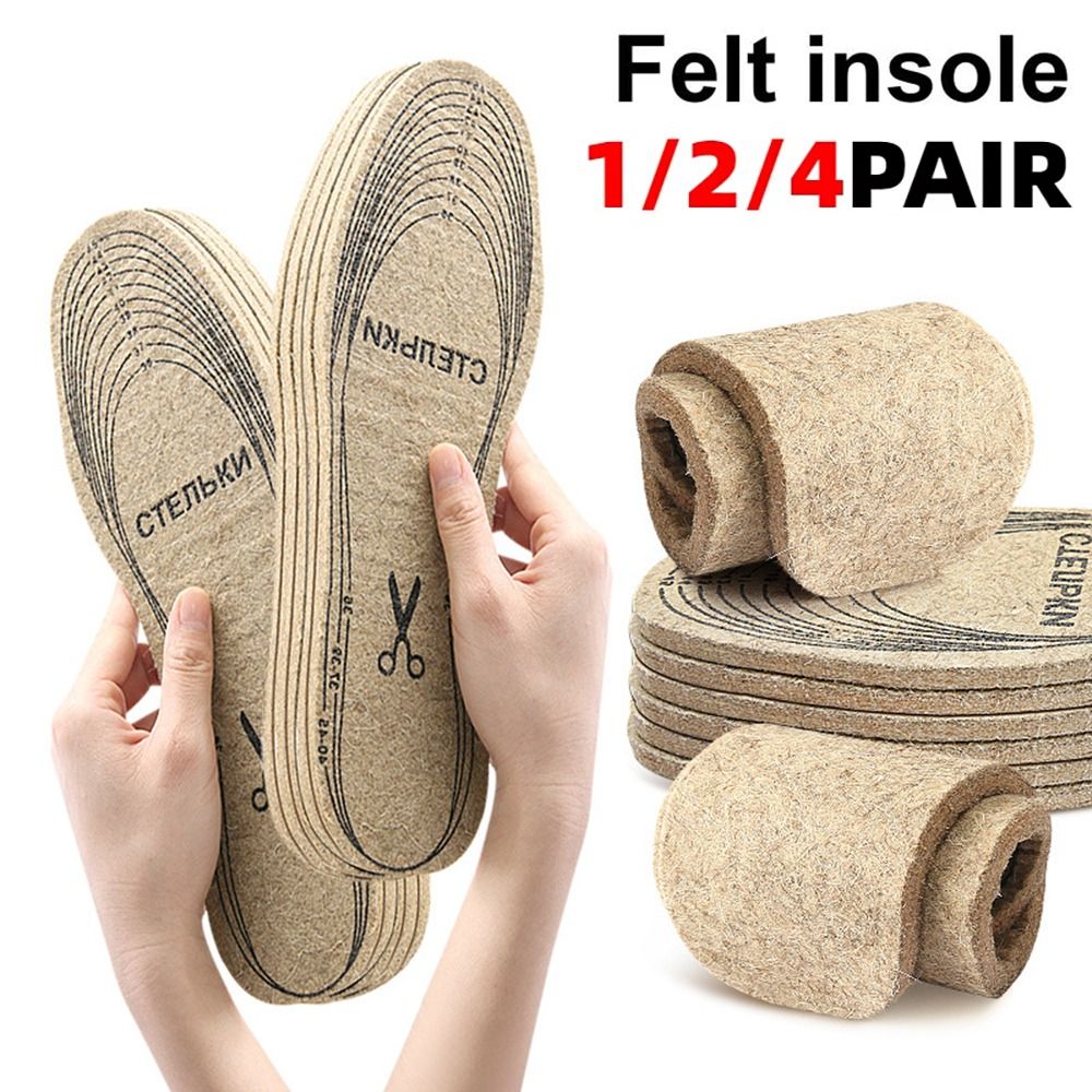 1/2/4 Pairs Durable Sweat Absorbent Wool Felt Insoles Heat Pad Soft Plush Boots Pad Thicken Breathable Winter Warm Shoes Cushion Keep Foot Warm