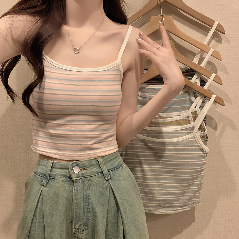 Summer striped small vest female with chest pad hot girl wearing beautiful back suspender underwear female versatile slim crop top