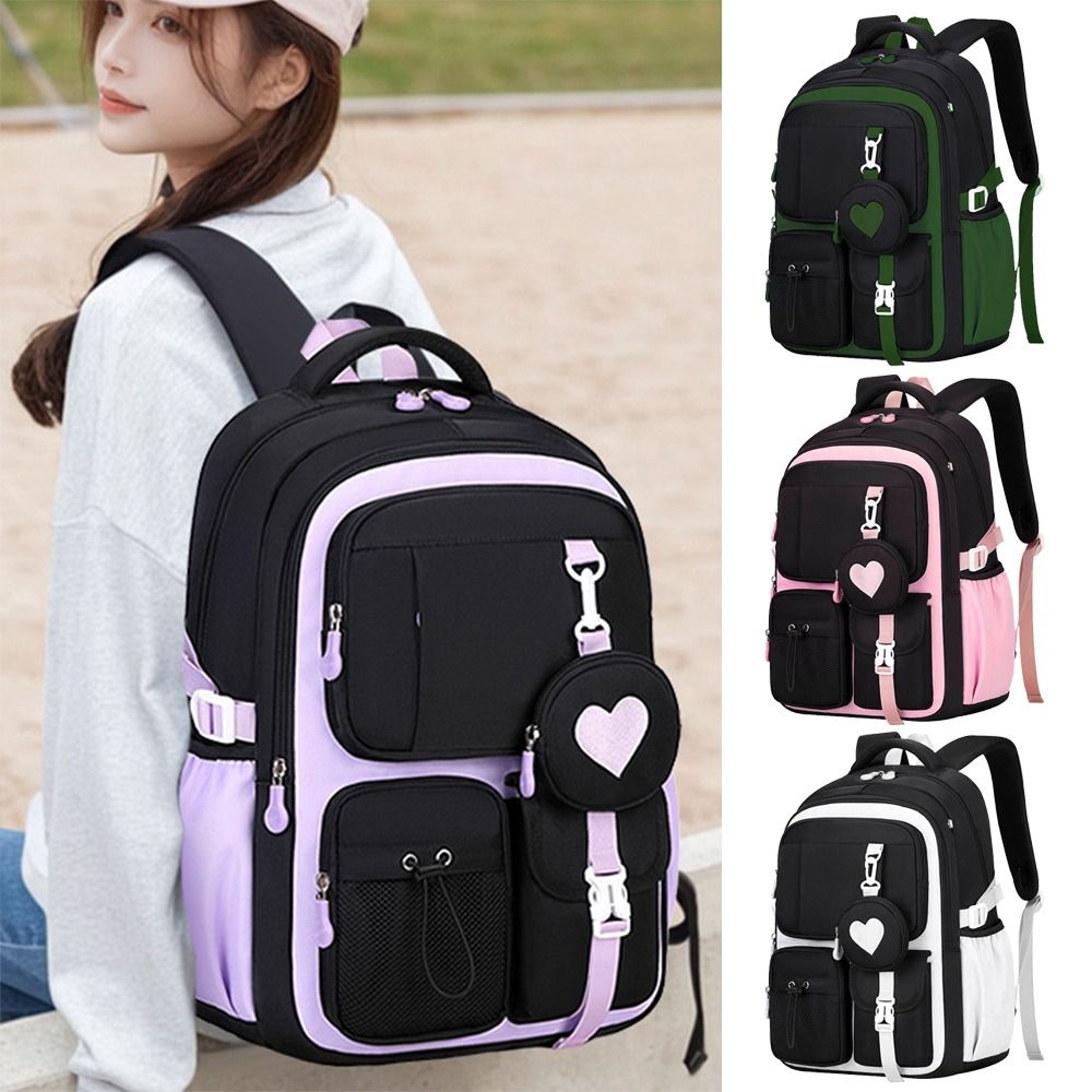 Stylish Nylon Fabric School Bag Love Pattern Large Capacity Bookbags Lightweight Zipper Closure Shoulder Bag Travel Use