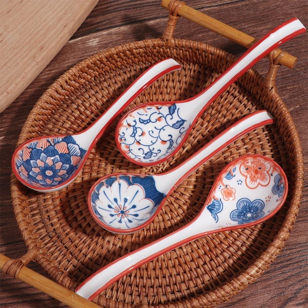 New Household Ceramic Spoon Long Handle Round Head Ladle Congee Curved Handle Japanese Style Ramen Spoons
