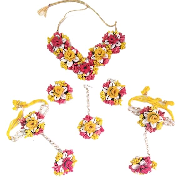 Cowrie (Kawri/ Sea Shell / Kodi ) & Red Yellow Flower Jewellery Set For Haldi And Mehandi For Women