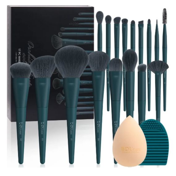 DUcare Dark Turquoise Makeup Brushes Set with Free Sponge & Cleaner Mat By Dc International
