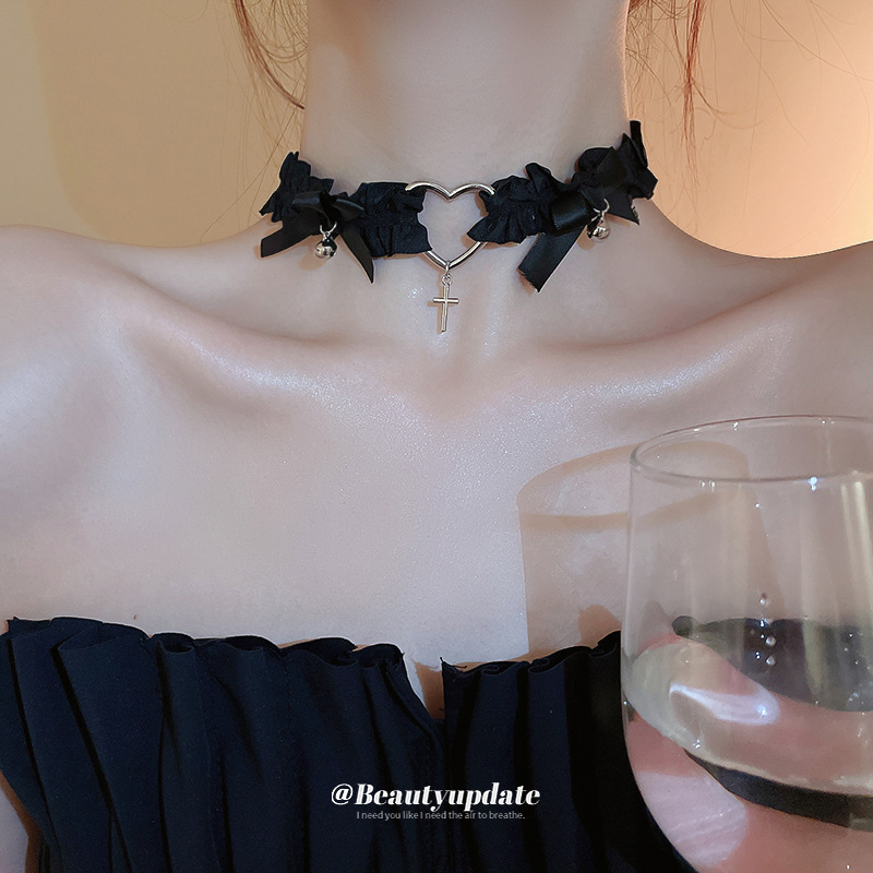 Sale】Sweet Cool Pleated Fabric Love Cross Necklace Spice Style Choker Chain All-match Necklace Women