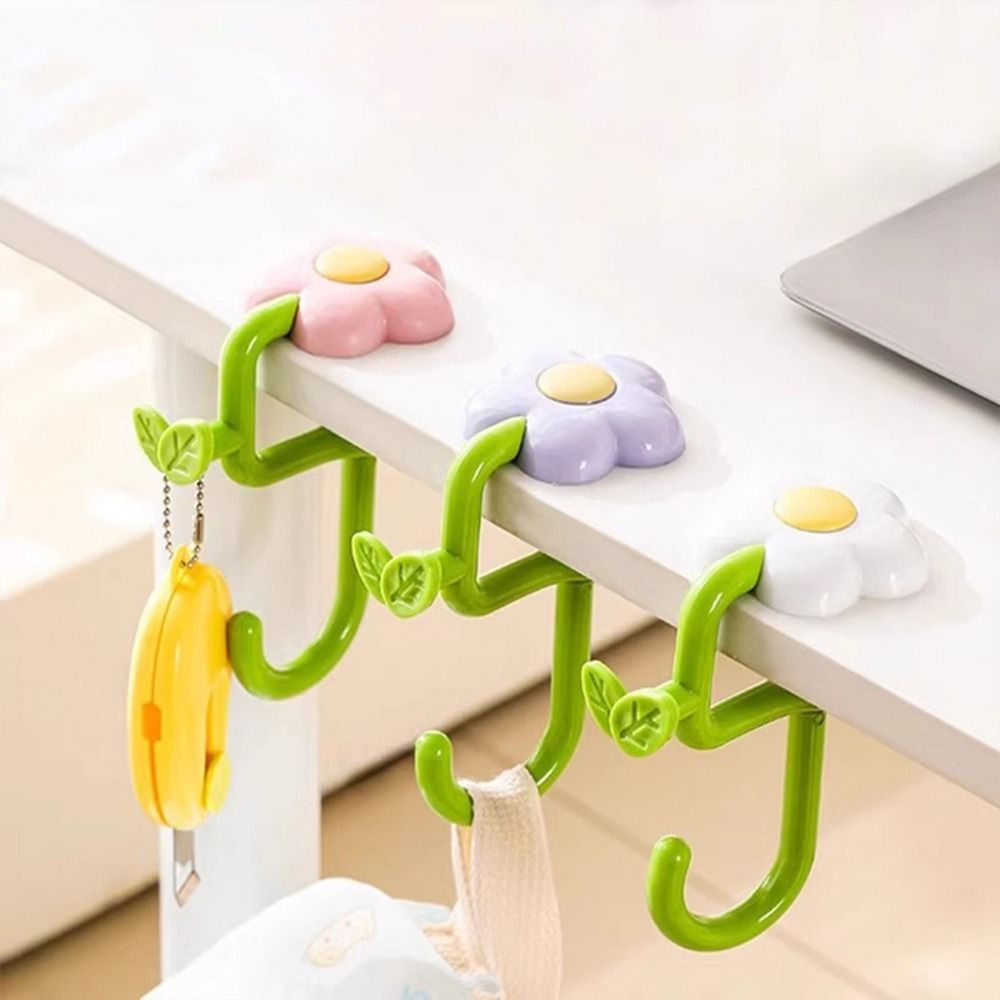 Cute Plastic Flower Bag Hook No Drill Removable Flower Shaped Desk Hook Adjustable Desk Edge Hook for Home
