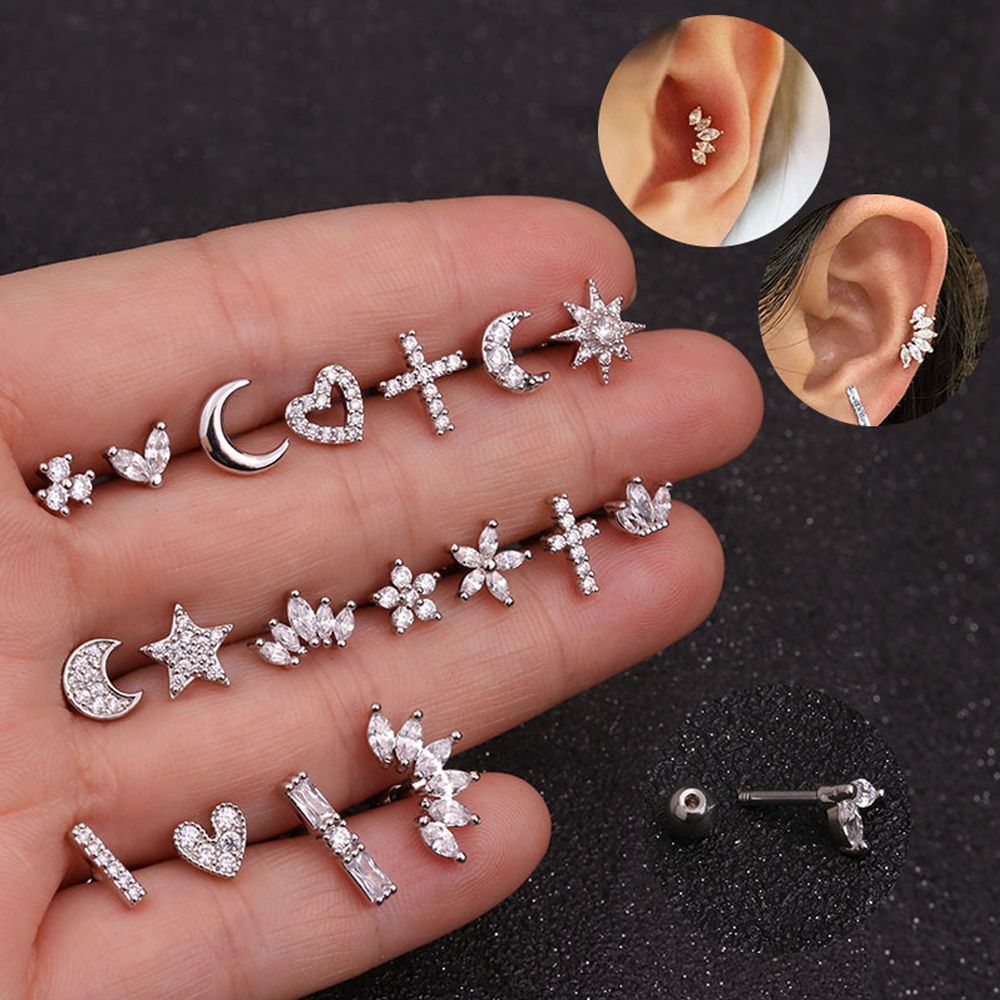 1PC Punk Rock Cartilage Helix Tragus Cross Flower Crown Silver Gold Color CZ Ear Piercing Body Jewelry Stud Earrings
