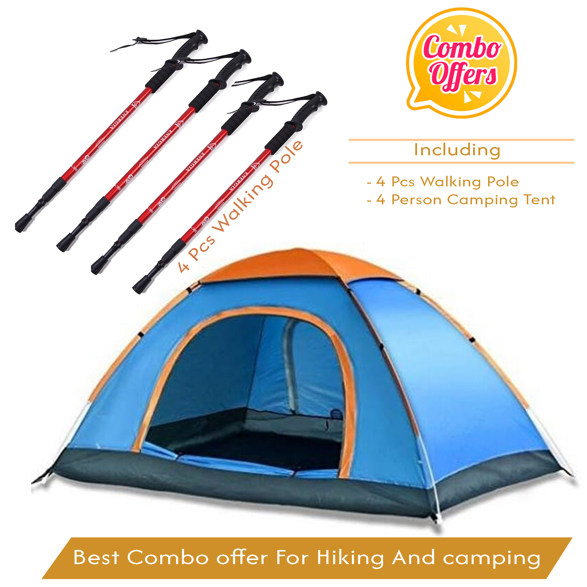 Ultimate Hiking & Camping Combo - 4 Anti-Shock Trekking Poles and 4-Person Waterproof Tent