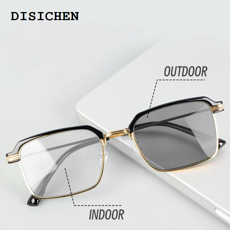 DISICHEN Hot Selling Men's Business Photochromic Myopia Glasses Fashion Anti Blue Light Short Sight Glasses Color Changing Computer Eyewear 0 To -4.0