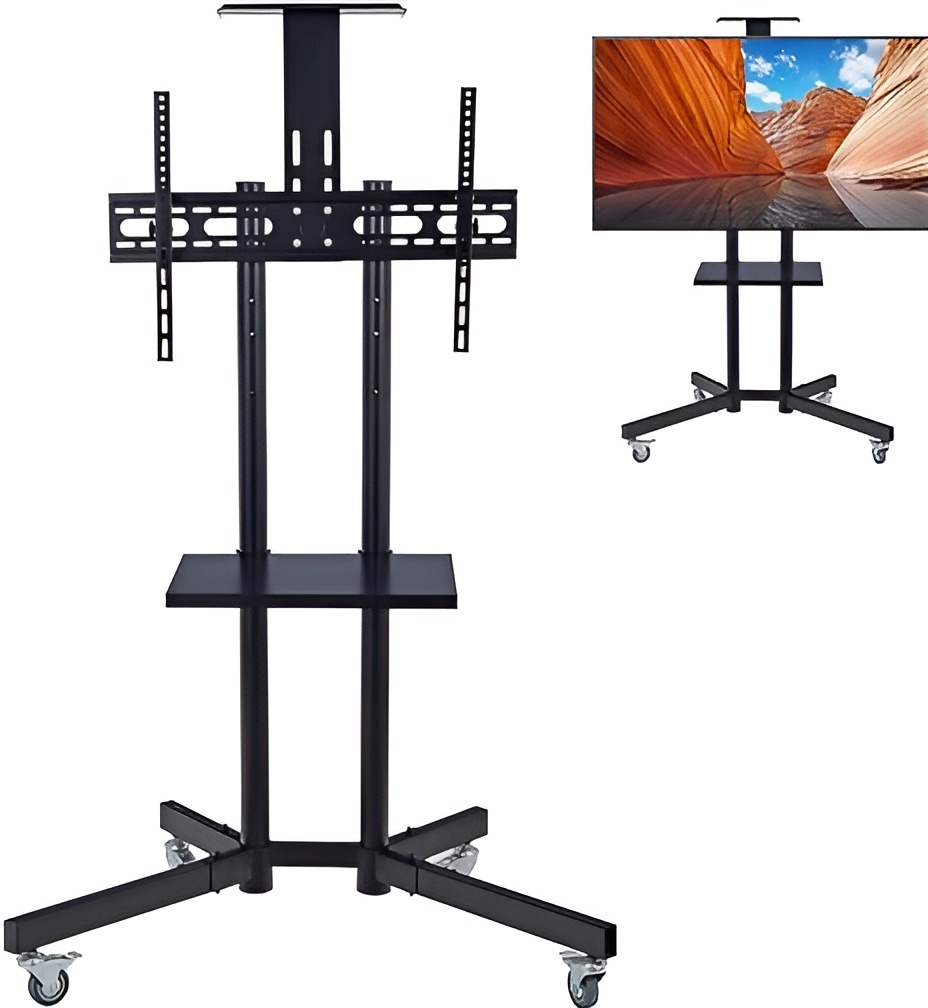 Portable TV Cart Height Adjustable - 32 to 65 Inch Mobile TV Stand with Webcam Shelf/Wheels, Floor Trolley for School/Office
