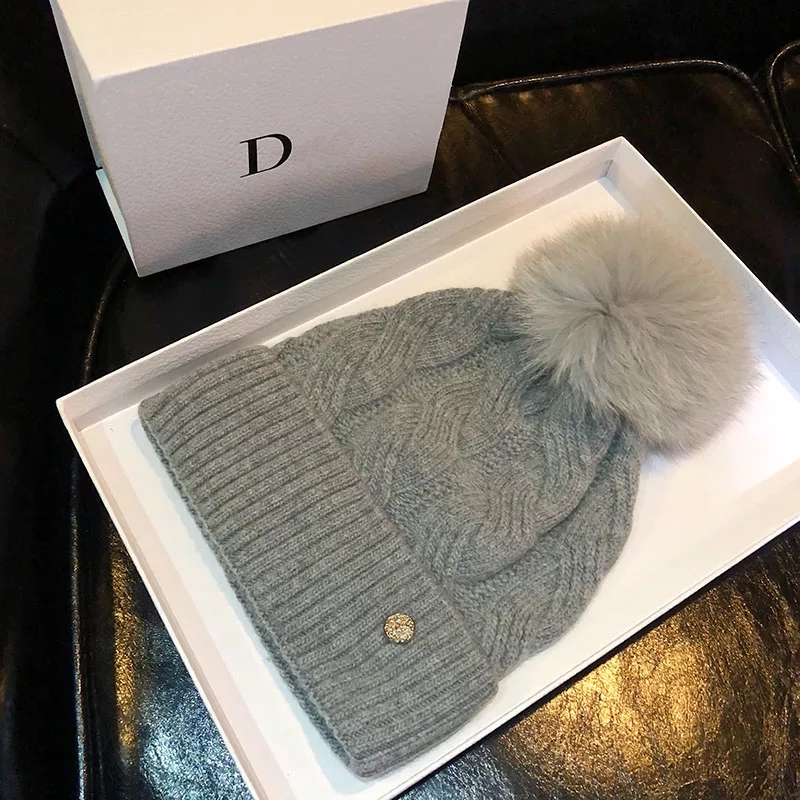 Fashion Women's Winter Knitted With Fur Pompoms Caps Ear Protect Fur Hats For Women