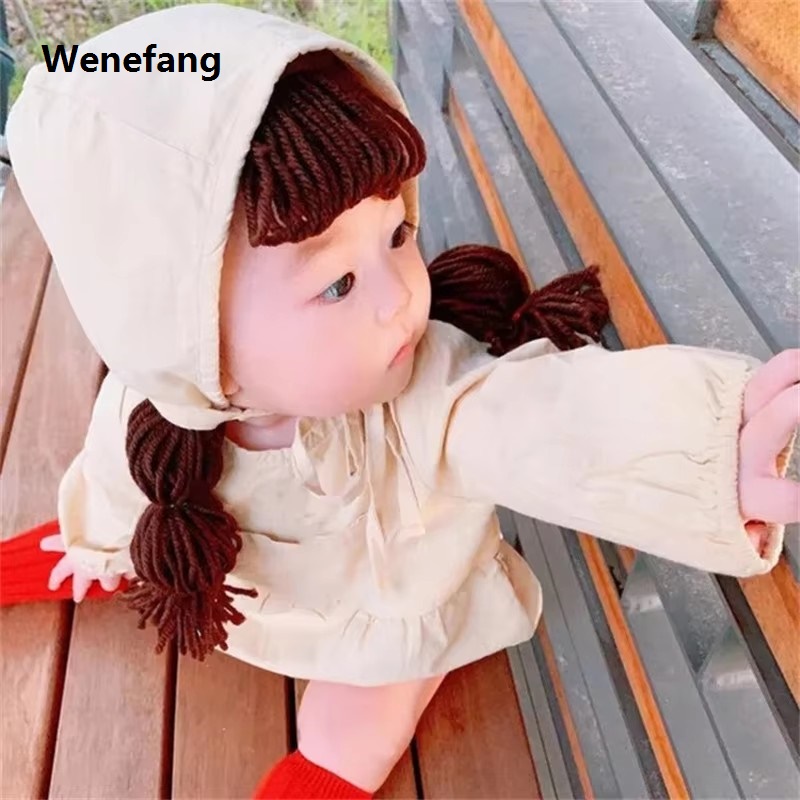 Wenefang Palace Style Cosplay Autumn Infant Baby Girl Princess Hat Khaki Luxury Hair Braid Wig Cap Headbands Children Kids Girls Hats and Caps