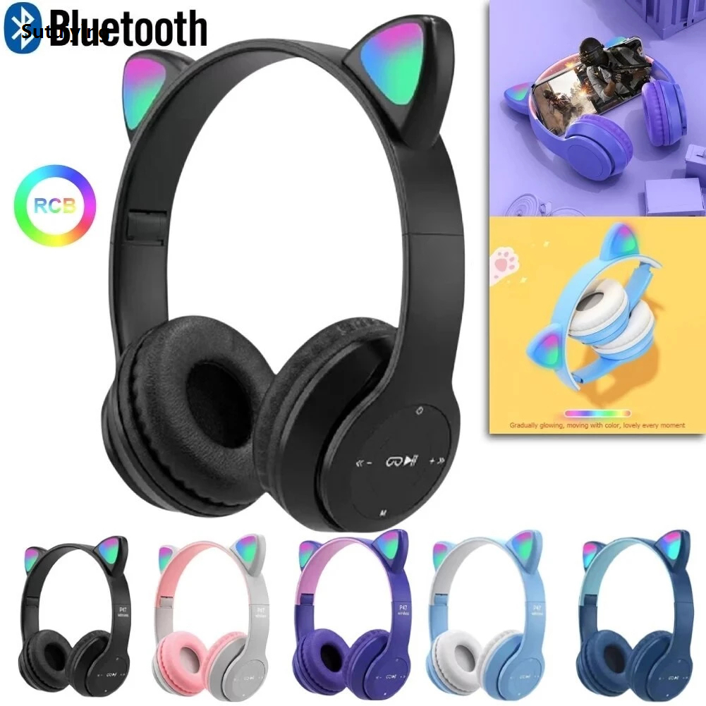 Sutuiying Wireless Headphones Bluetooth Earphones Stereo Music Earbuds Sports Gaming Headset with Mic Dazzling Lights for Phones Laptop PC