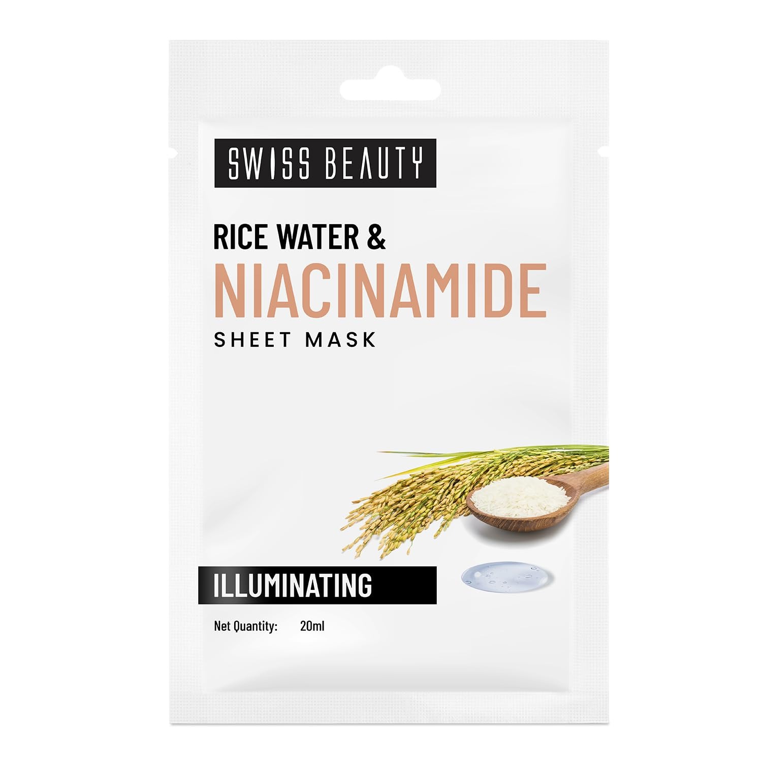 Swiss Beauty | Rice Water & Niacinamide Illuminating Sheet Mask | Serum-infused Sheet mask | Minimises open pores | Control excess oil | 20ml
