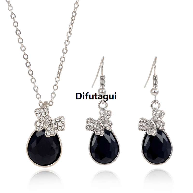 Difutagui Gift Ladies Earrings Geometric Bride Exquisite Silver Jewelry New style Set Austrian Crystal Black Zircon Pendant Necklace Jewelry