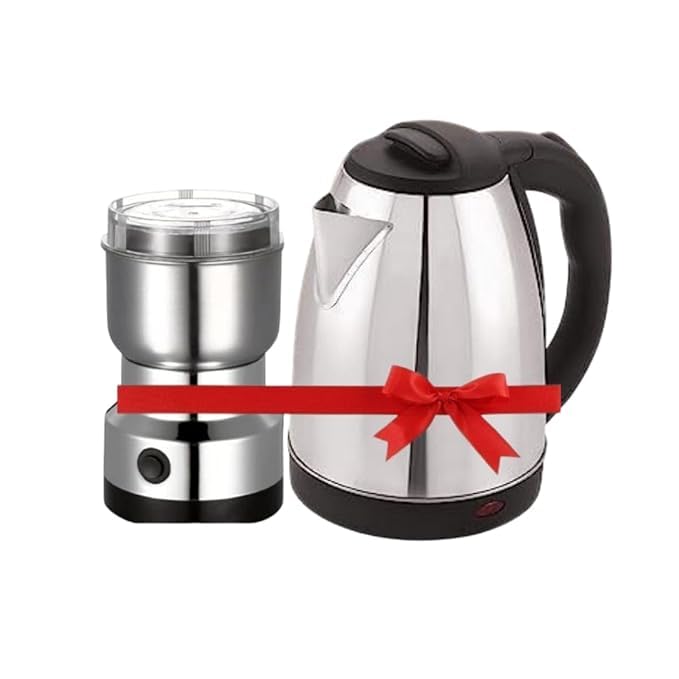 Electric Kettle & Grinder Combo | 2L Stainless Steel Kettle for Coffee, Tea, Hot Water + Powerful Dry Grinder | Fast Boil | Travel & Home Use | Modern Design