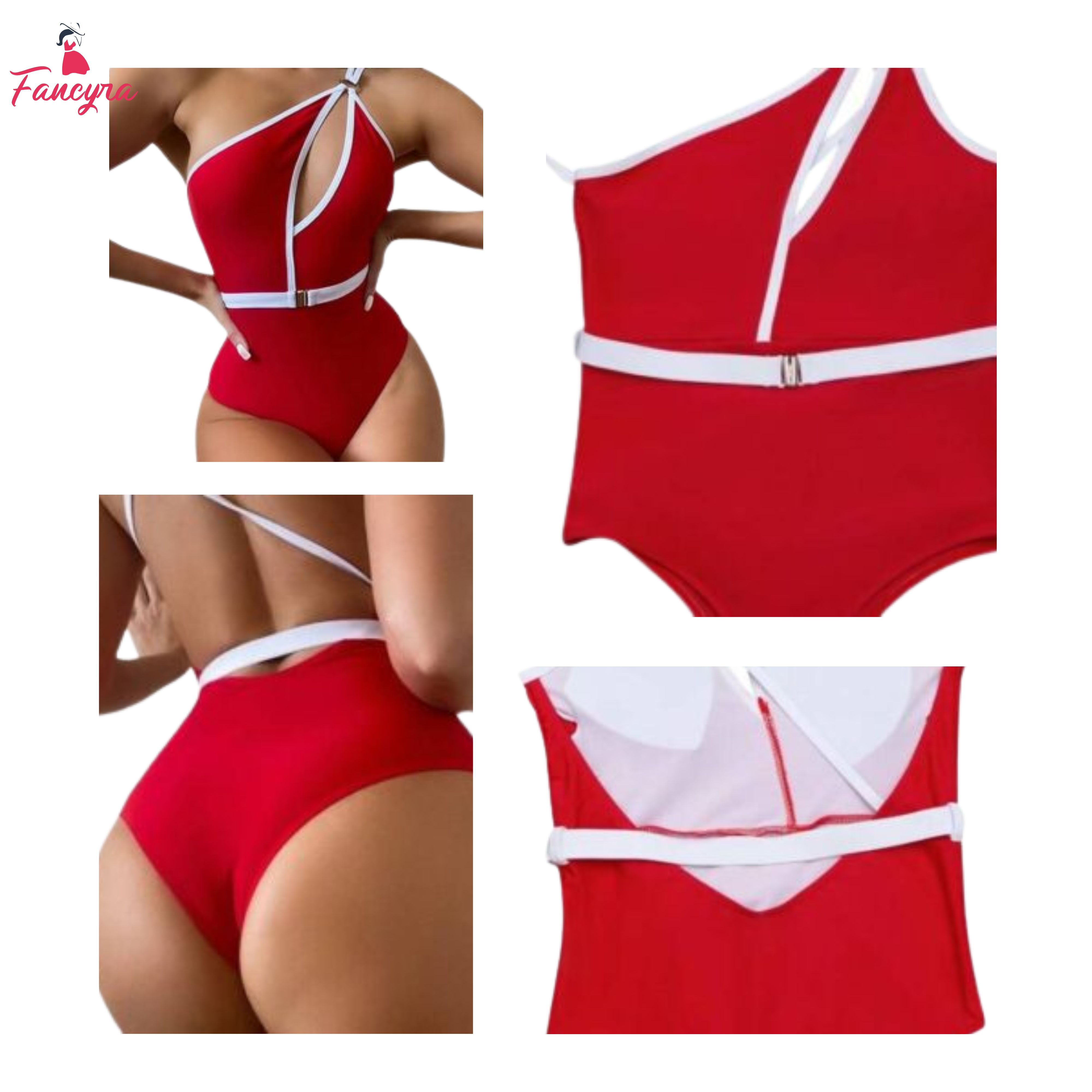 Fancyra Women One-Shoulder Black Cutout Swimsuit Swimwear Red Dress