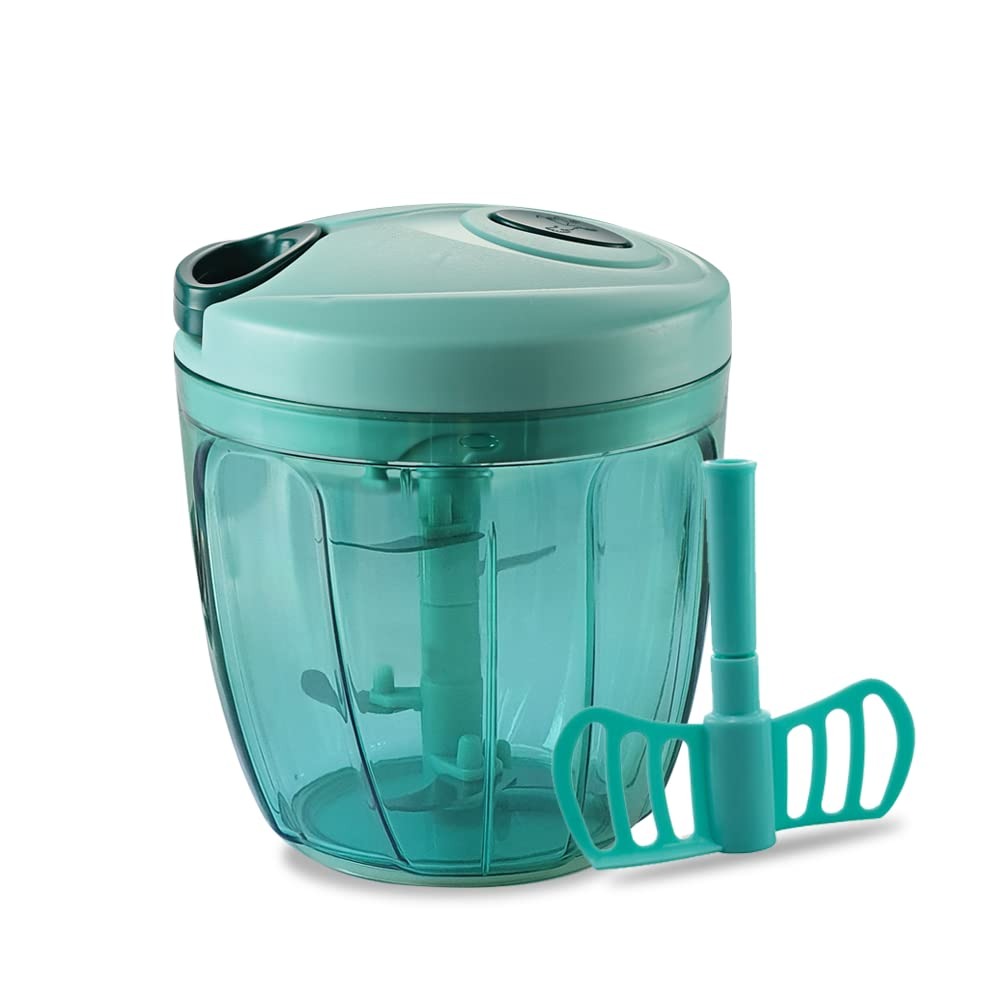 Big Handy Chopper 900ml - Vegetable and Food Cutter with 6 Stainless Steel Blades and Plastic Whisker - Hand Pull Dori Chopper for Onion, Garlic, Ginger, Fruits, Nuts, Herbs - Compact Salad Maker and Mini Food Processor with Nylon Cord