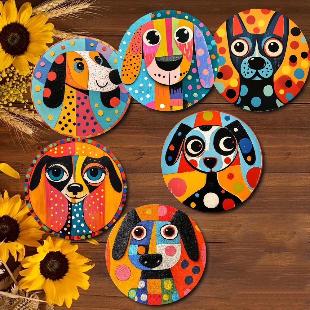 6pcs Durable Heat-Resistant Wooden Coasters Non Slip Cat Dog 2D Flat Mat Fish Flower Round Mat Office